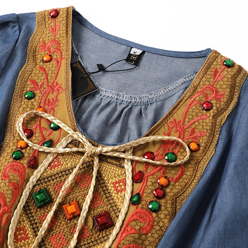 Women Embroidery A-line Denim Elastic Waist Vestidos Dress