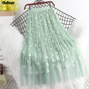 Women Floral Tulle Vintage Mesh Pleated Length Skirt