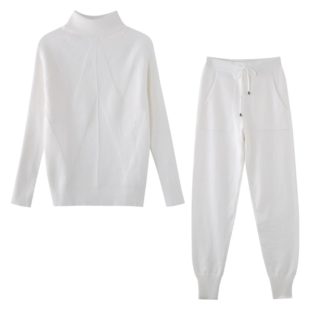 Women Striped Turtleneck Sweater Elastic Trouser Suits 2 Piece Set