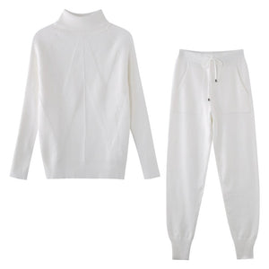 Women Striped Turtleneck Sweater Elastic Trouser Suits 2 Piece Set