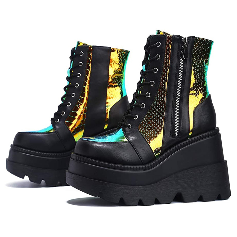 Women Wedges Zip Ankle Colourful Boots