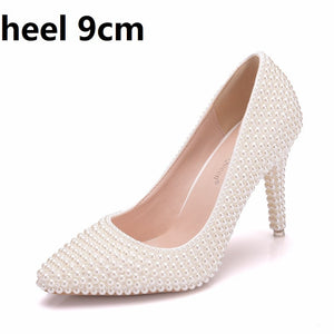 Women Pearl Handmade Wedding Shoes Bridal High Heels
