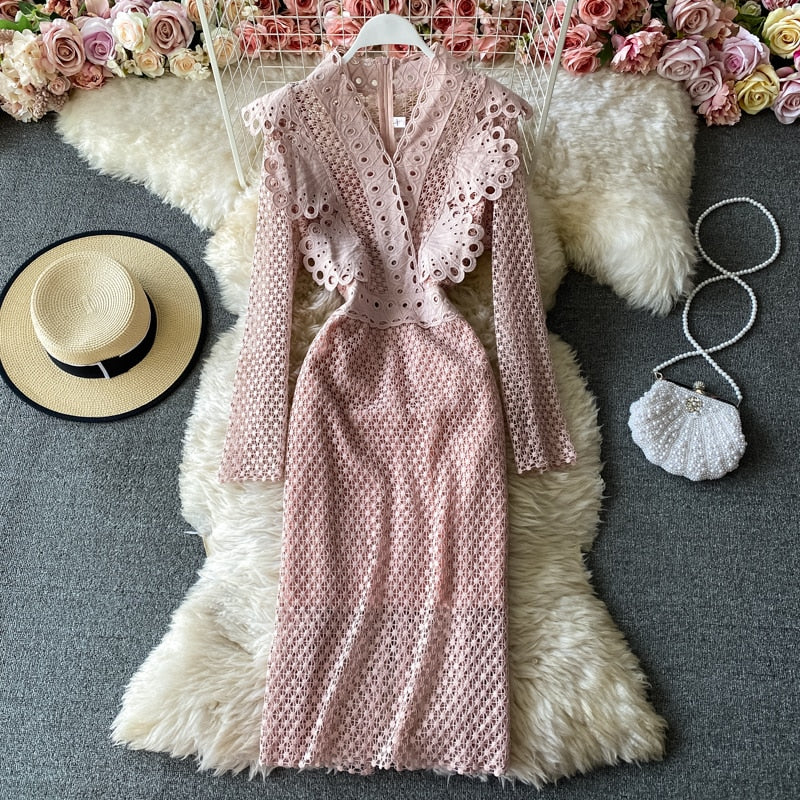 Women Lace Ruffles Elegant Slim Pencil Midi Bodycon Dress
