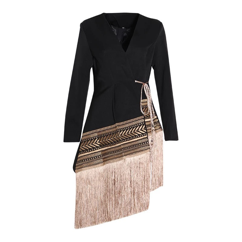 Women Asymmetric Embroidered Tassel Jacket Outerwear Coat