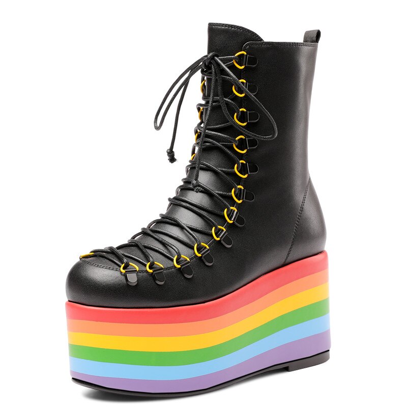 Women Leather Rainbow High Platform Ankle Boots