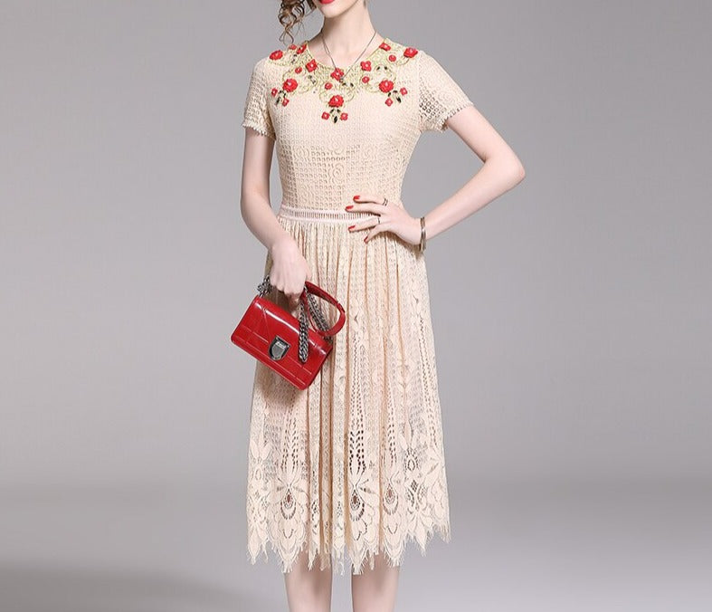 Women Floral Embroidery Vestidos Lace Festa Robe Dress