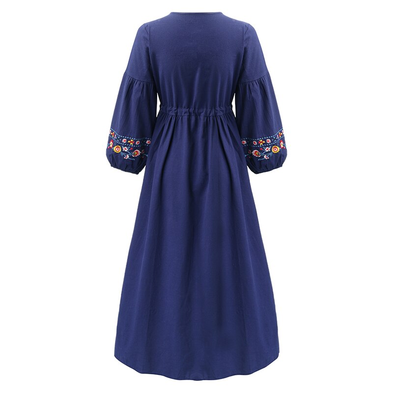 Women Embroidered Floral Boho Drawstring Vintage Dress