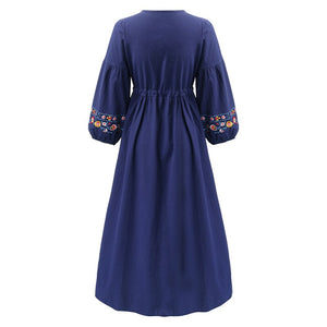 Women Embroidered Floral Boho Drawstring Vintage Dress