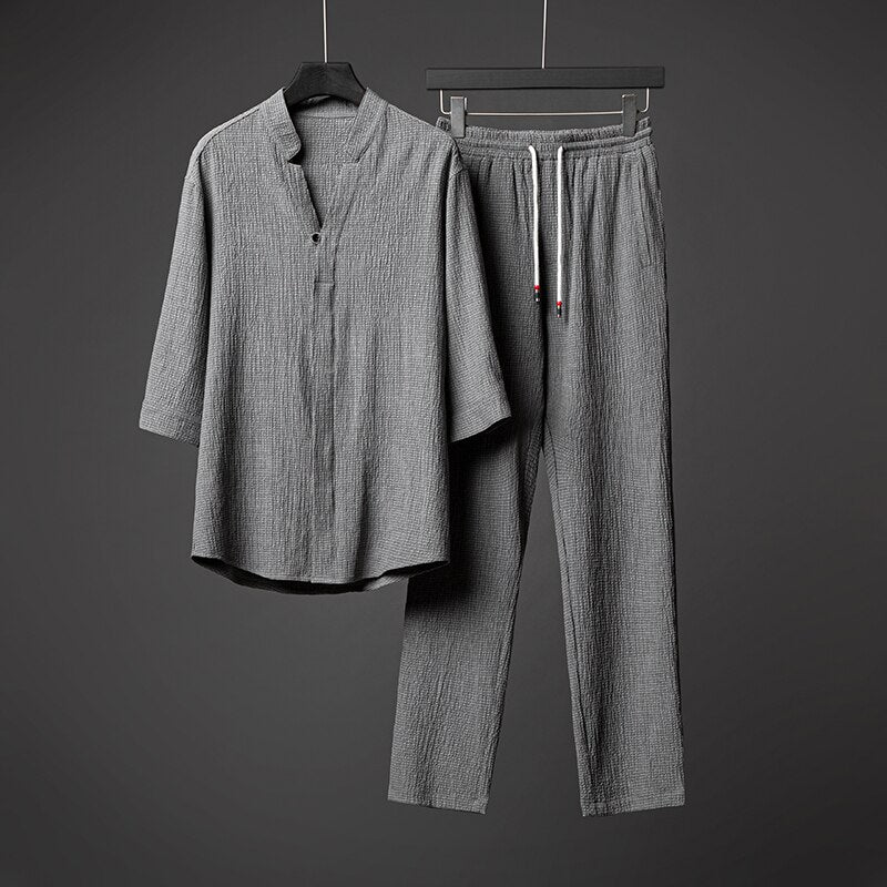 Men Harajuku Oversized Ice Silk Linen 2 Piece Suit