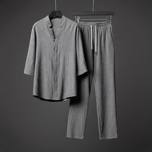 Men Harajuku Oversized Ice Silk Linen 2 Piece Suit