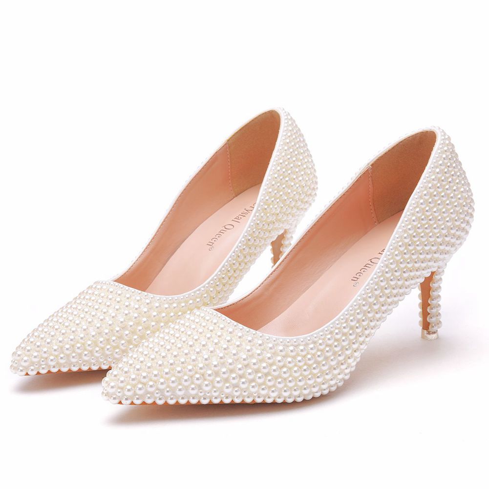 Women Pearl Handmade Wedding Shoes Bridal High Heels