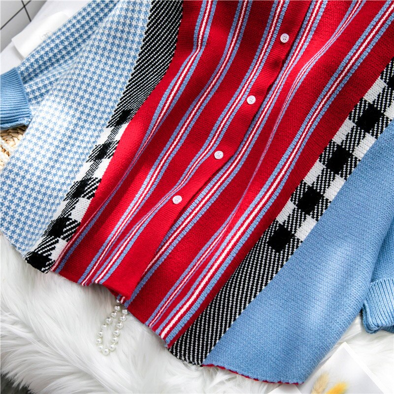 Women Mid Calf Striped Polo Collar Loose Knit Cardigan