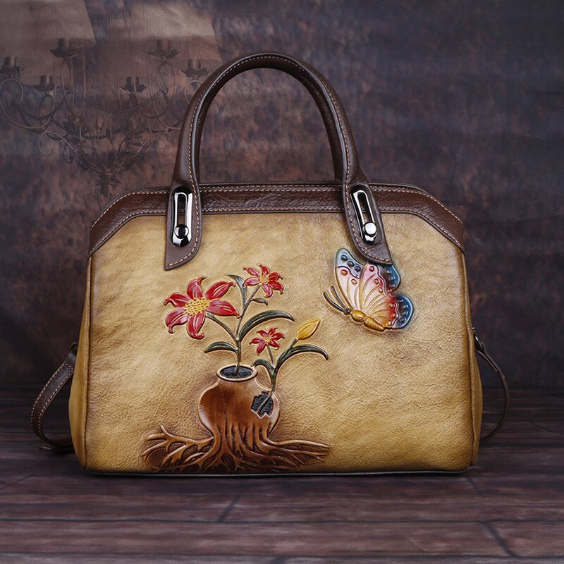 Women Vintage Handmade Leather Retro Embossed Handbag