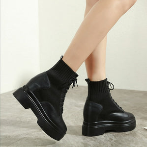 Women Chunky Combat Wedge Ankle Sock Boots