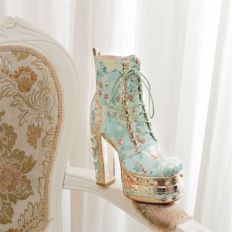Women Floral Pattern Platform Lace-Up Crude Heel Metal Boots
