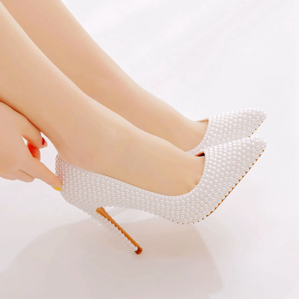 Women Pearl Handmade Wedding Shoes Bridal High Heels