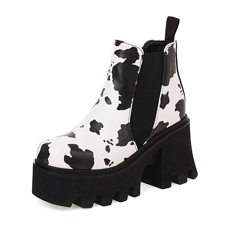 Women Cow Pattern Platform Chelsea Elastic Band Boots