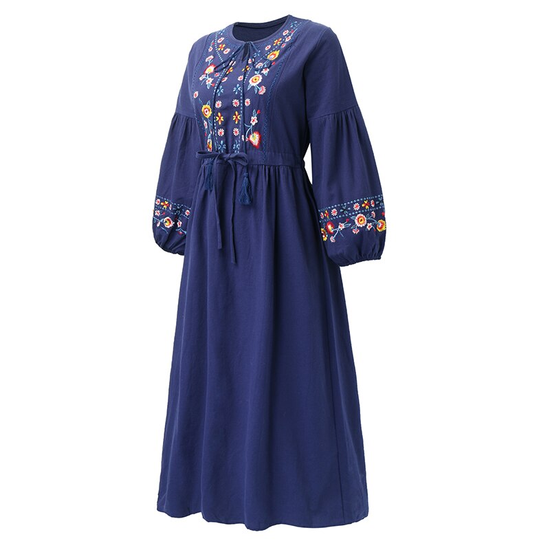 Women Embroidered Floral Boho Drawstring Vintage Dress