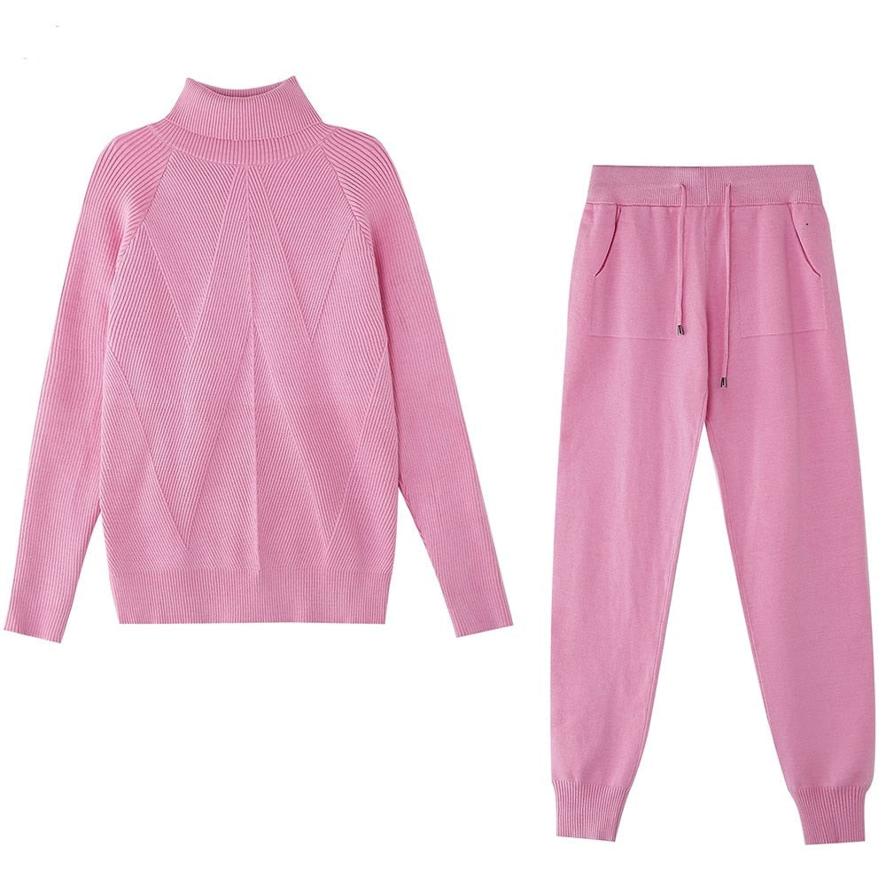 Women Striped Turtleneck Sweater Elastic Trouser Suits 2 Piece Set