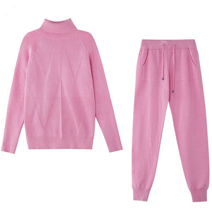 Women Striped Turtleneck Sweater Elastic Trouser Suits 2 Piece Set