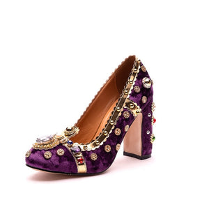 Women Retro High Heels Velvet Rhinestone Rivets Shoes