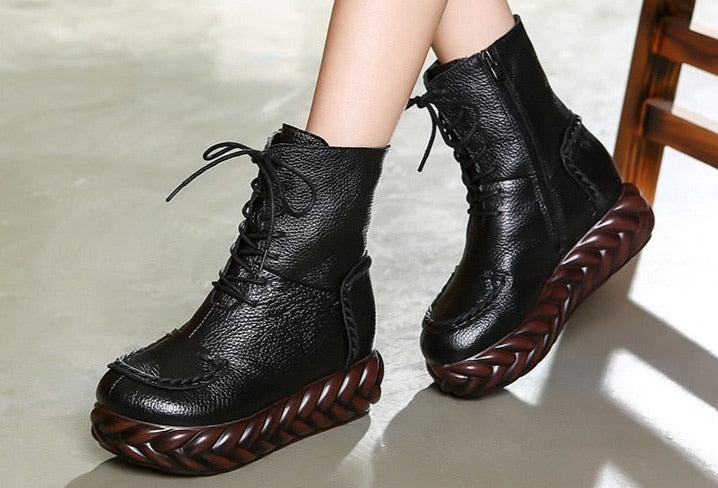 Women Vintage Genuine Leather Ankle Cowhide Lace-Up Boots