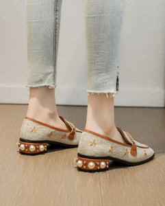 Women Embroidery Pearl Flax Chain High Heel Shoes