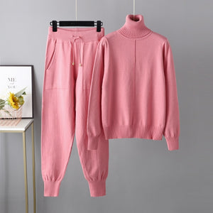 Women Knitted Tracksuit Turtleneck Sweater Carrot Jogging Pant 2 Pcs Set