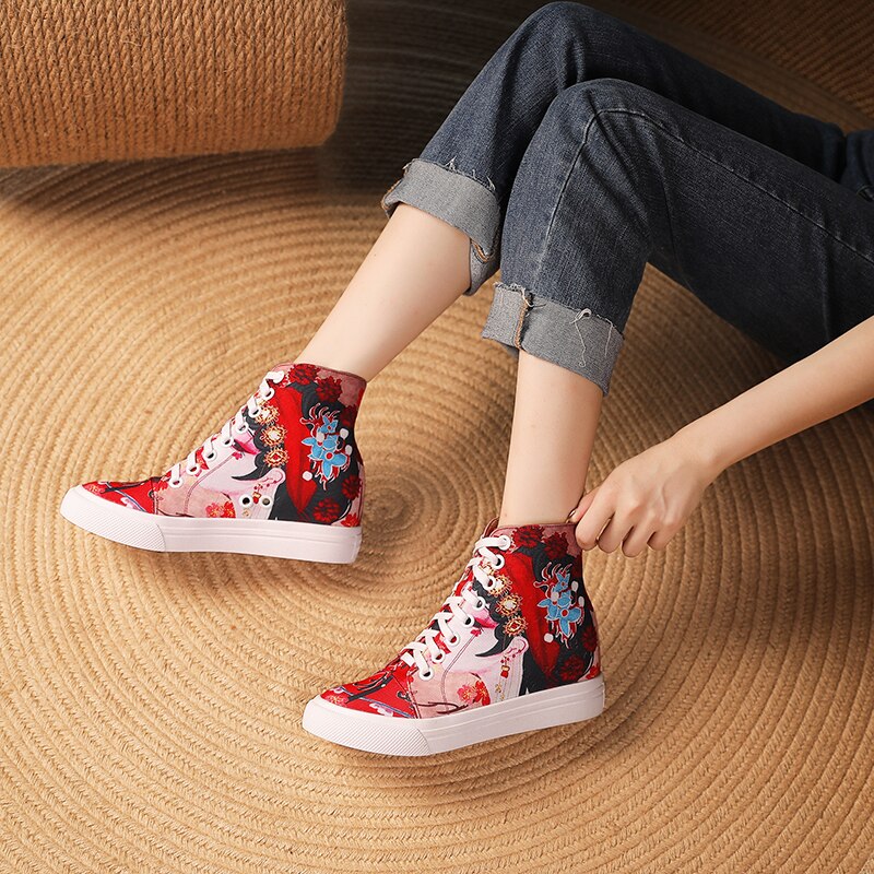 Women Peking Face Round Toe Lace Up Canvas Shoes
