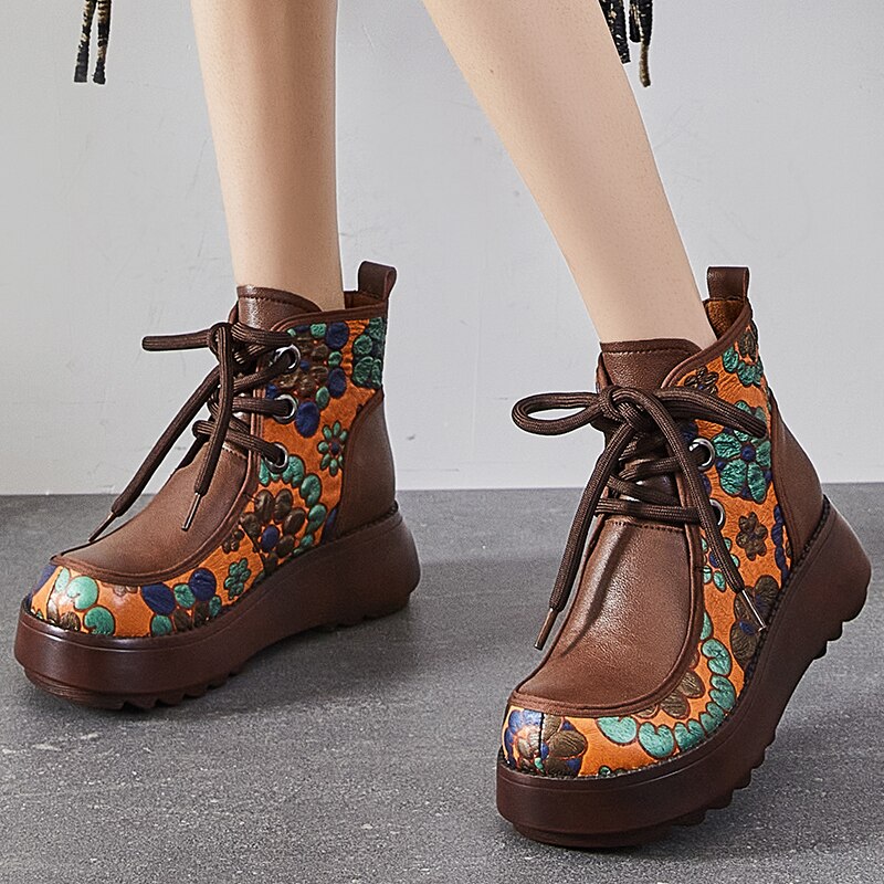 Women Genuine Leather Retro Lace-up Concise Boots