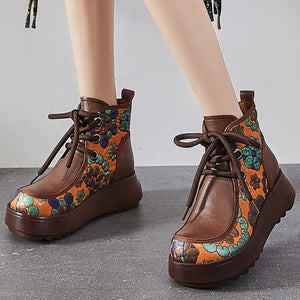 Women Genuine Leather Retro Lace-up Concise Boots