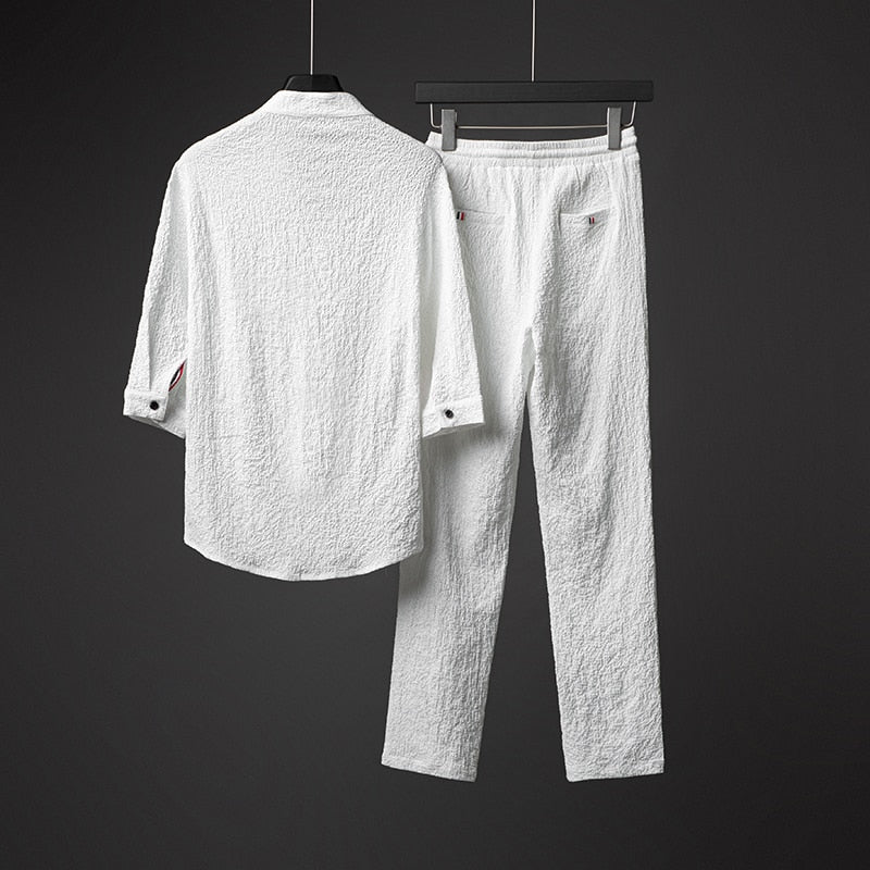Men Harajuku Oversized Ice Silk Linen 2 Piece Suit