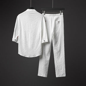 Men Harajuku Oversized Ice Silk Linen 2 Piece Suit