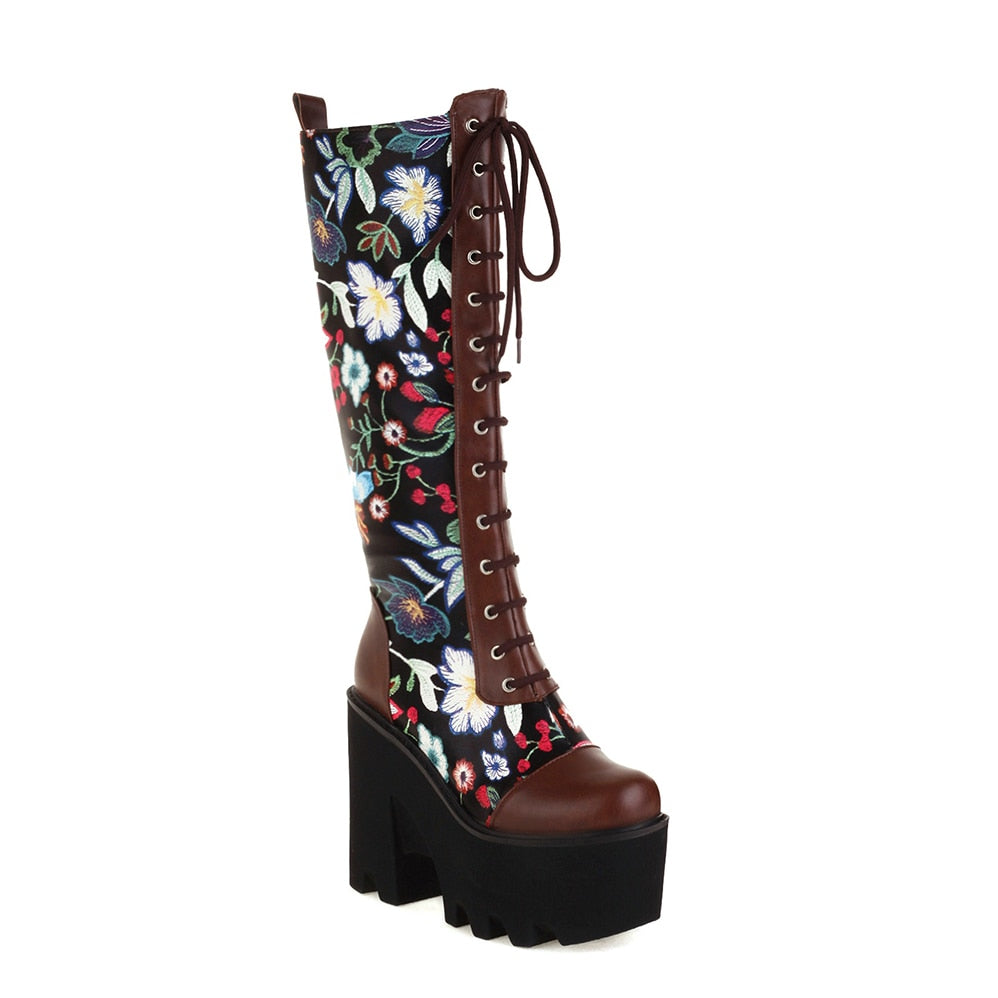 Women Floral Texture Cross Strap Knee-Length Boots