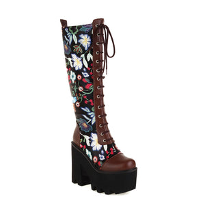 Women Floral Texture Cross Strap Knee-Length Boots