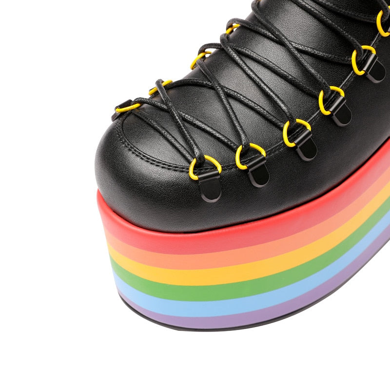 Women Leather Rainbow High Platform Ankle Boots