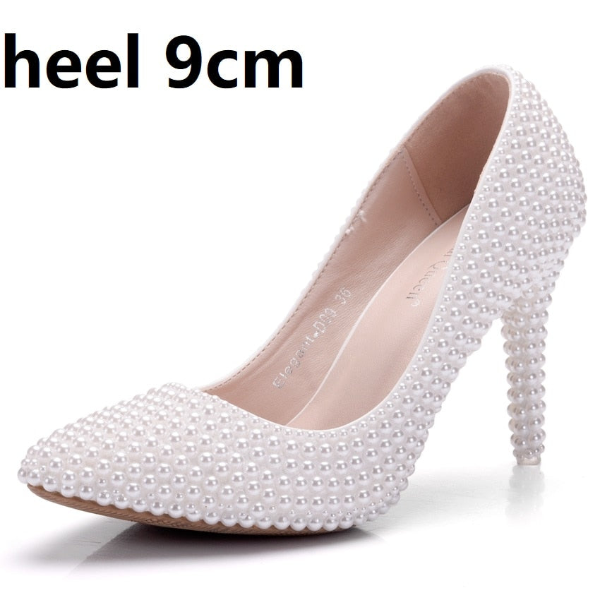 Women Pearl Handmade Wedding Shoes Bridal High Heels