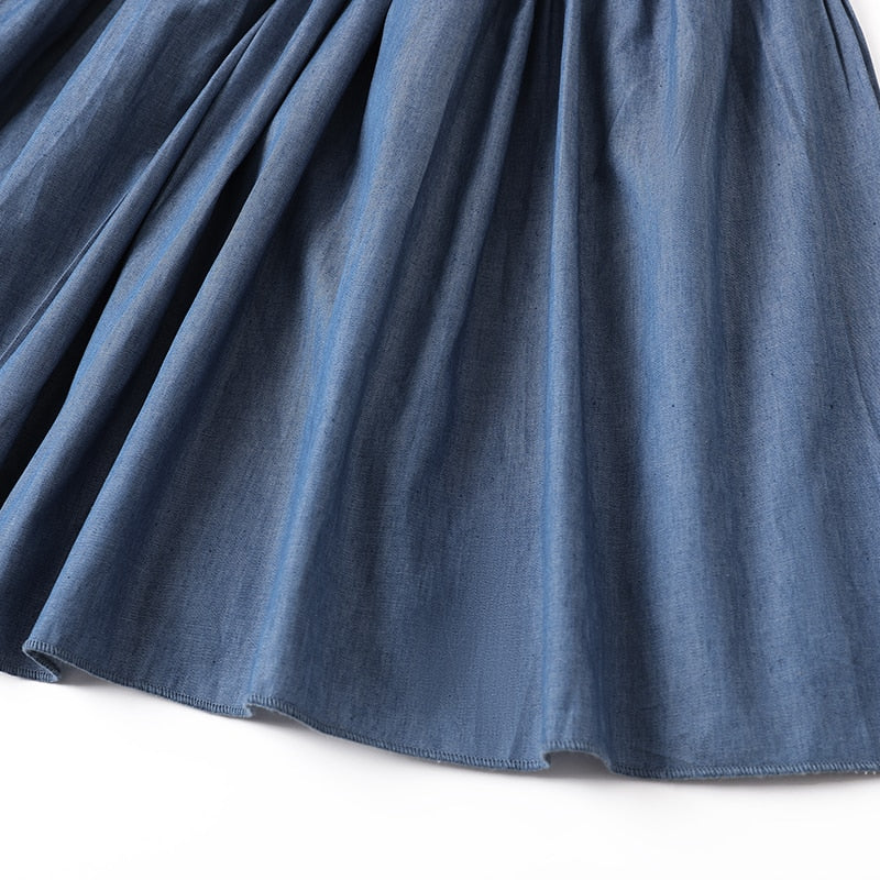 Women Embroidery A-line Denim Elastic Waist Vestidos Dress