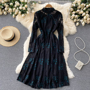 Women Vintage Lace Floral Slim Vestidos Elegant Dress
