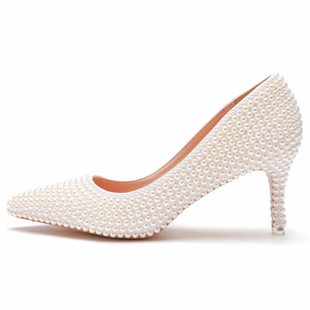 Women Pearl Handmade Wedding Shoes Bridal High Heels