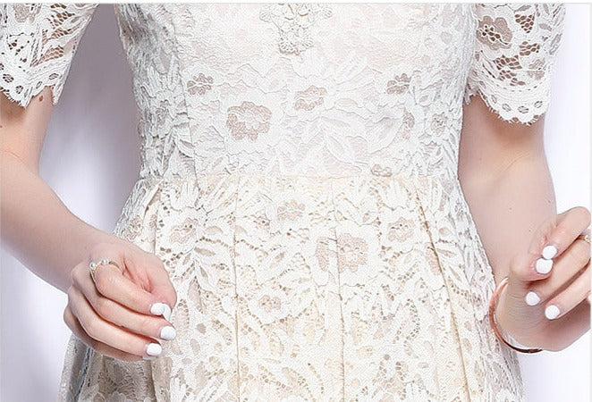 Women Princess Sleeve Lace O-Neck Slim Rushed Chic Dress