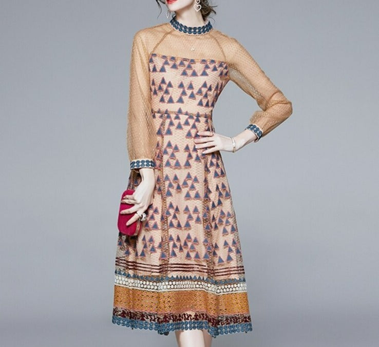 Women Embroidery Mesh Festa Long Elegant Vintage Dress