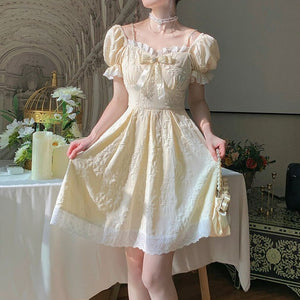 Women French Fairy Slim Vintage Square Collar Design Dress
