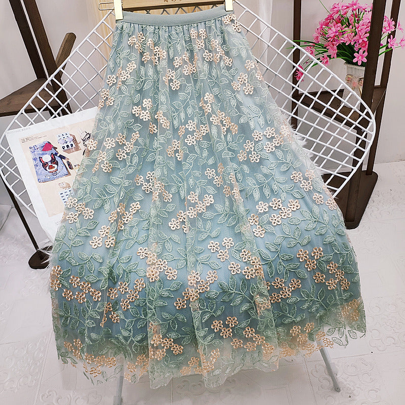 Women Embroidery Floral Mesh Long Skirt