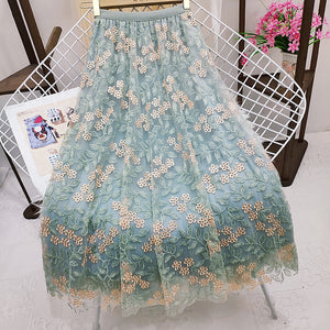 Women Embroidery Floral Mesh Long Skirt