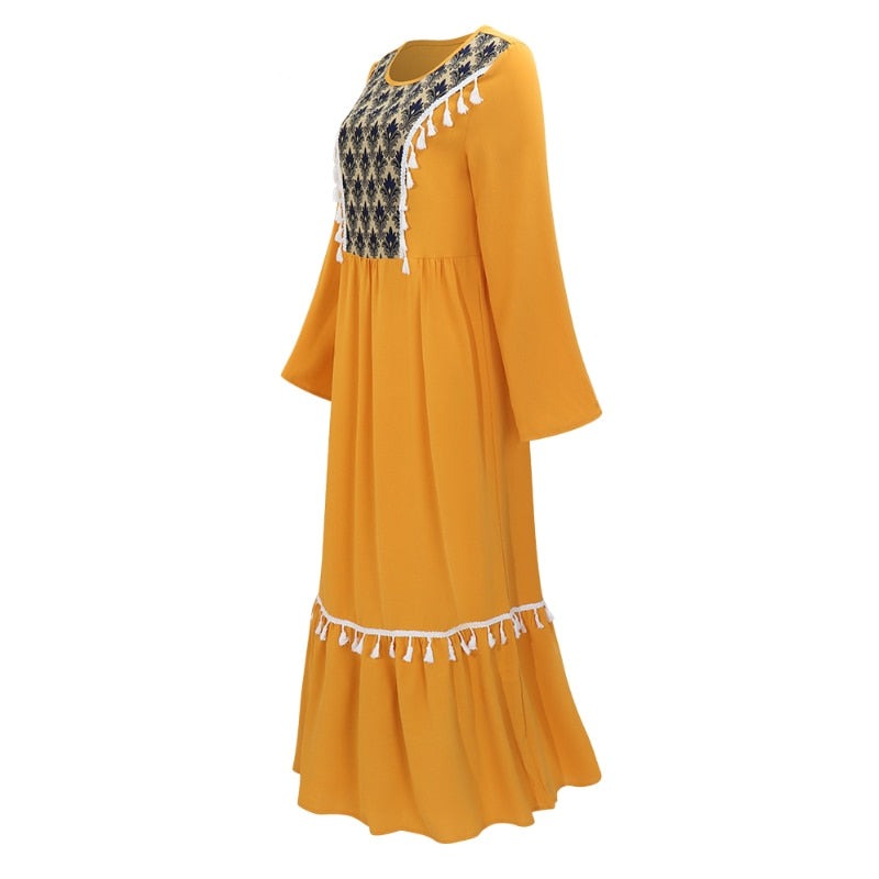 Women Boho Embroidered Abaya Long Dress