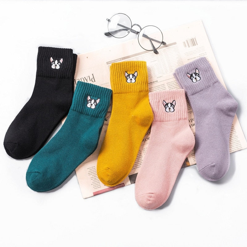 Women Embroidery Cartoon French Bulldog Cotton Sock