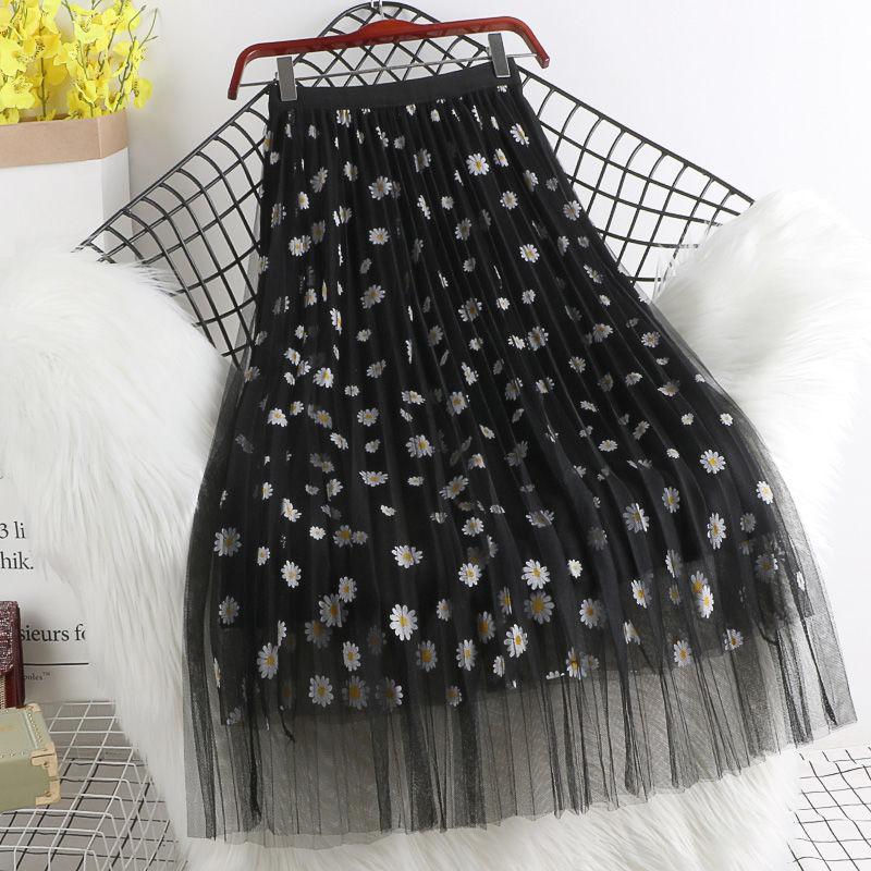 Women Floral Tulle Vintage Mesh Pleated Length Skirt