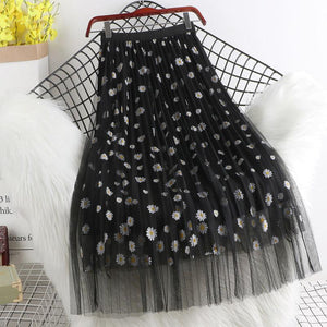 Women Floral Tulle Vintage Mesh Pleated Length Skirt