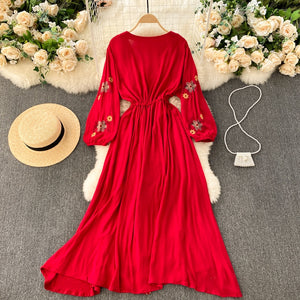 Women Embroidery Boho V-Neck Lantern Sleeve Dress